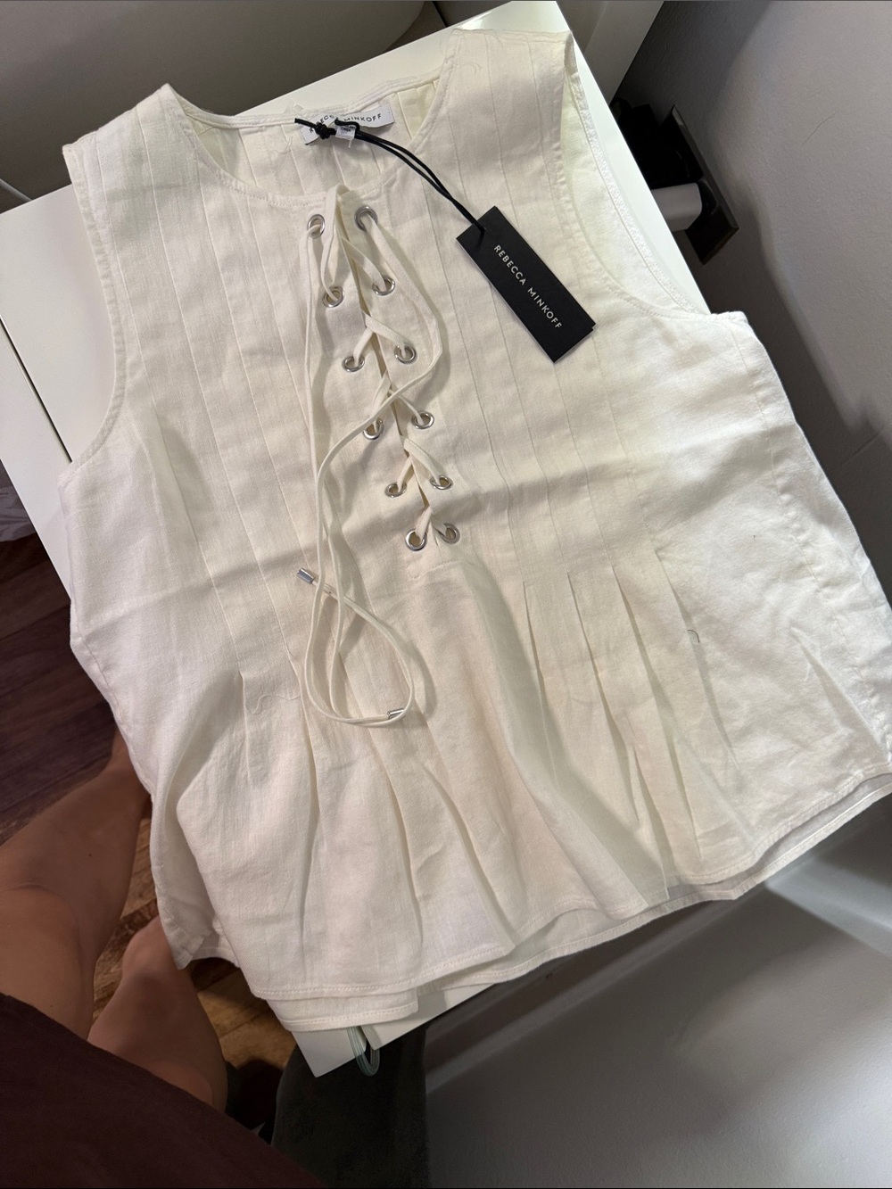 Rebecca Minkoff White Lace-Up Sleeveless Pleated Top